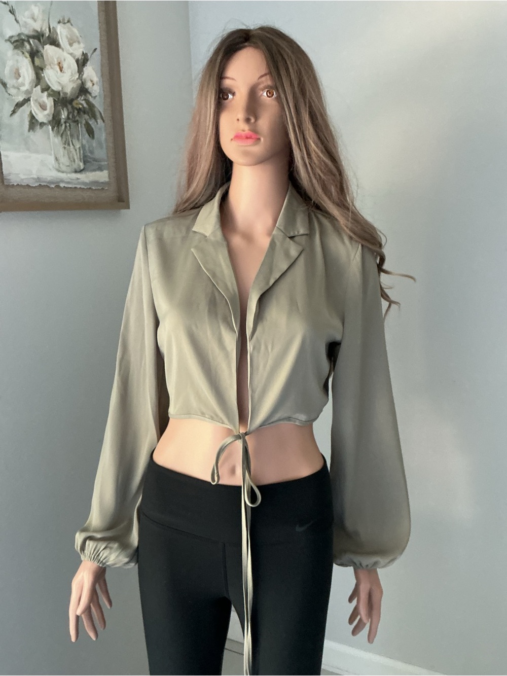 Crescent Olive Tie-Front Long-Sleeve Crop Top - Women